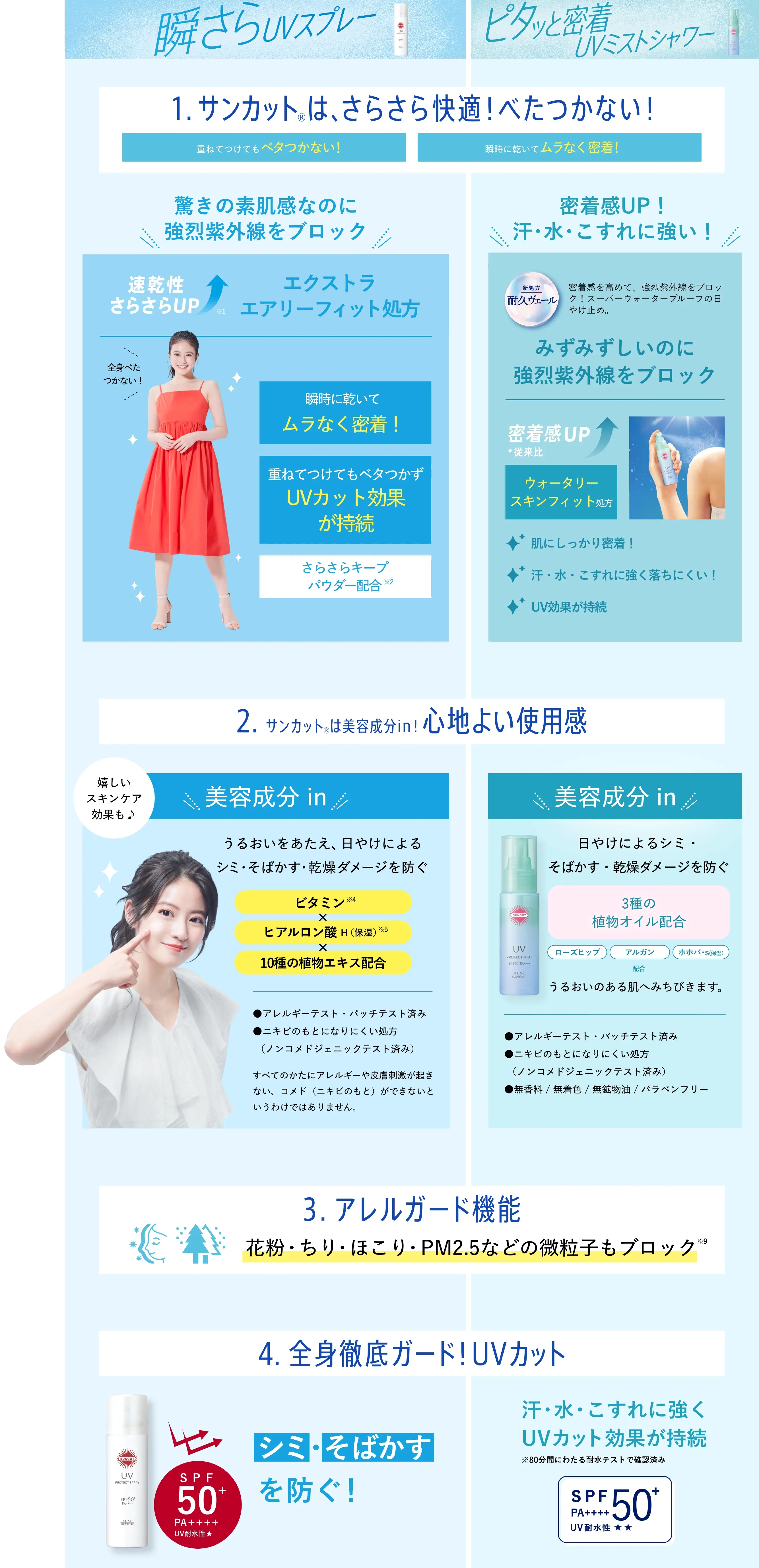 1.サンカットはさらさら快適！べたつかない！ 2.サンカットは美容成分in！心地よい使用感 3.アレルガード機能 花粉・ちり・ほこり・PM2などの微粒子もブロック 4.全身徹底ガード！ UVカット