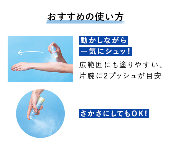 おすすめの使い方 動かしながら一気にシュッ！ 広範囲にも塗りやすい、片腕に2プッシュが目安 さかさにしてもOK!