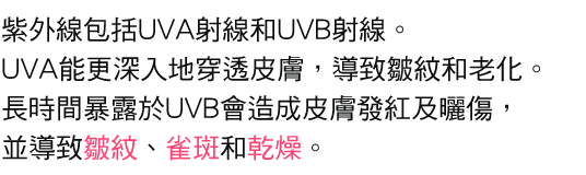 紫外線包括UVA射線和UVB射線。UVA能更深入地穿透皮膚，導致皺紋和老化。長時間暴露於UVB會造成皮膚發紅及曬傷，並導致皺紋、雀斑和乾燥。